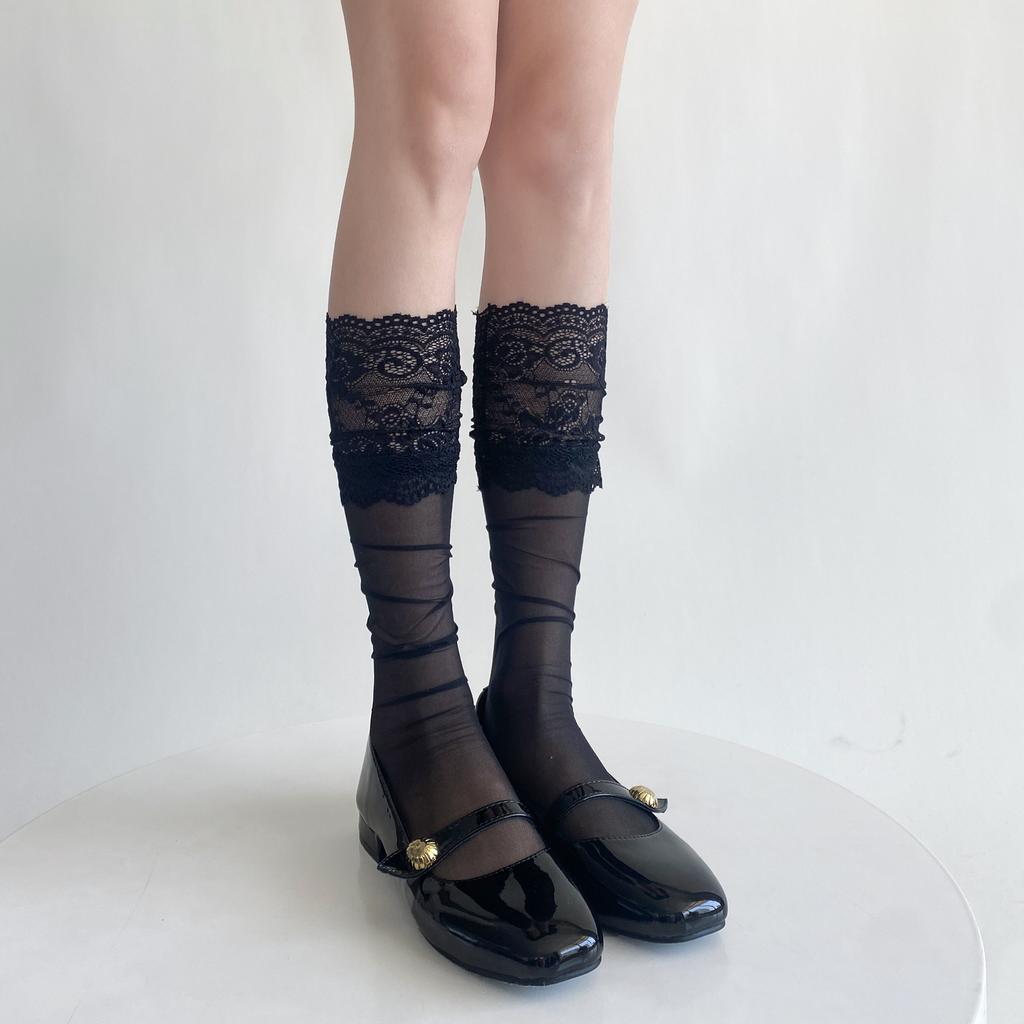 Ultra Thin Transparent Women Lace Ruffle Long Socks Stockings JK Lolita Sweet Girls Sexy Lace Mesh Fishnet Stockings Knee Socks