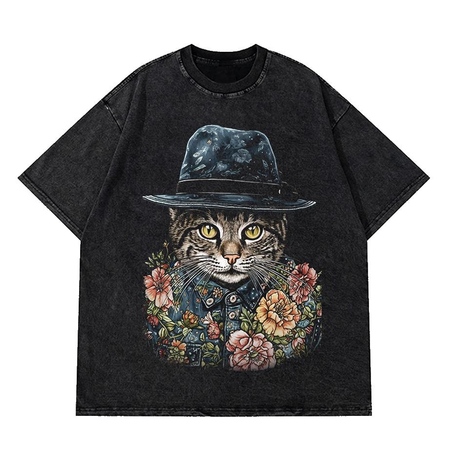 Hip Hop Streetwear Vintage T Shirt Cat Cartoon Monster Graphic Oversized TShirt Men Fashion Cotton Tops Tees Washed Black