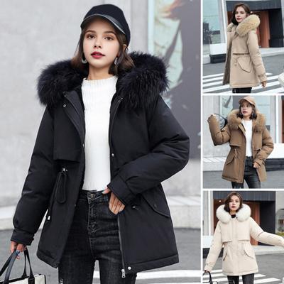 Winter Women Jacket Furry Hood Long Sleeves Drawstring Waist Pockets Zipper And Button Closure Windbreaker Mid Length Solid Color Windproof Warm Coat
