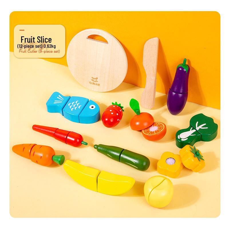 Wooden Pretend Play Fruit & Veggie Cutting Set for Kids - Educational Kitchen Toy