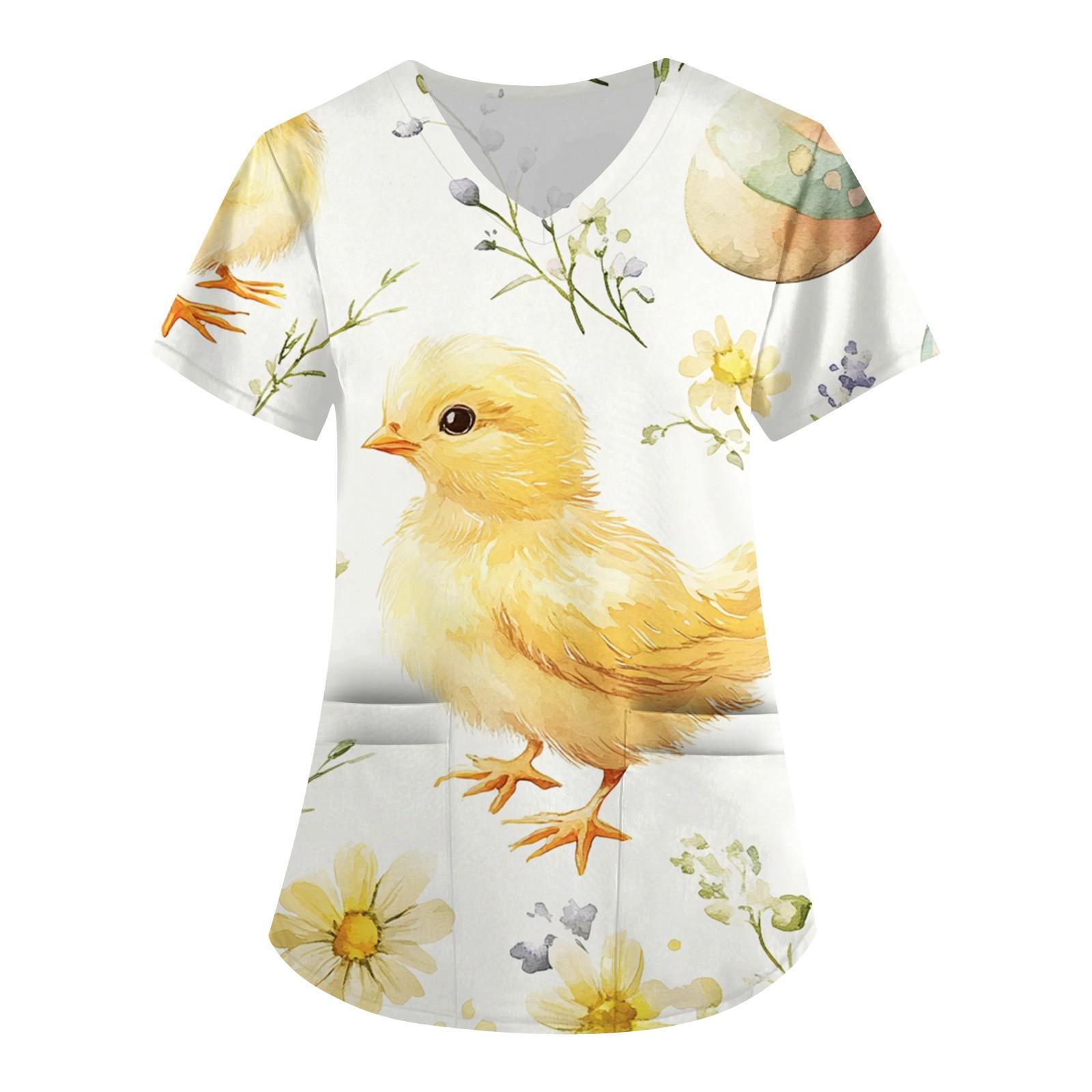 

Женская модная рабочая одежда с V-образным вырезом и короткими рукавами, с карманами, с принтом в виде пасхального топа, одежда для ухода XL жёлтый