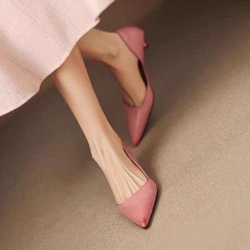 Fashion Pointed Toe Shallow Single Shoes Women High Heels Versatile Kitten Heel Work Shoes