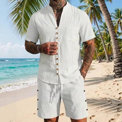 Novo Conjunto de Roupa Casual Retro de Linho Masculino de Cor Sólida com Camisa de Manga Curta e Calções