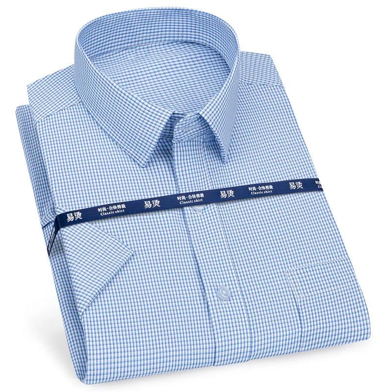 Men‘s Short Sleeve Shirt Business Classic Striped Plaid Checked Male Casual Social Dress Shirts Purple Blue 6XL Plus Large Size