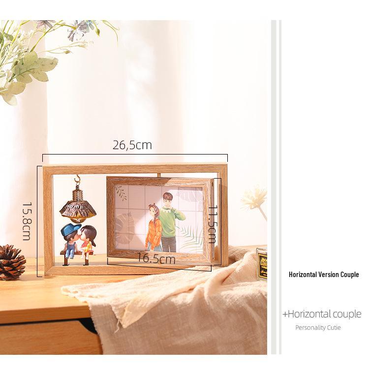 6-Inch Modern Double-Sided Rotating Wooden Photo Frame & Album with Wood Carving Ornament
