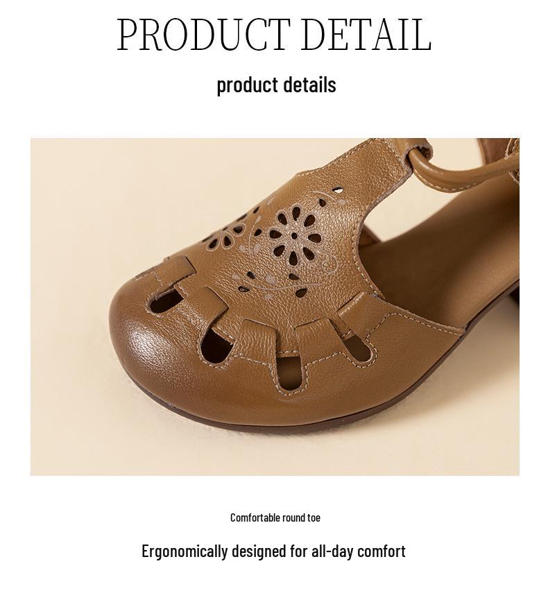 2026 Summer Women's Chunky Heel Leather Sandals - Soft Sole, Retro Hollow-Out Design