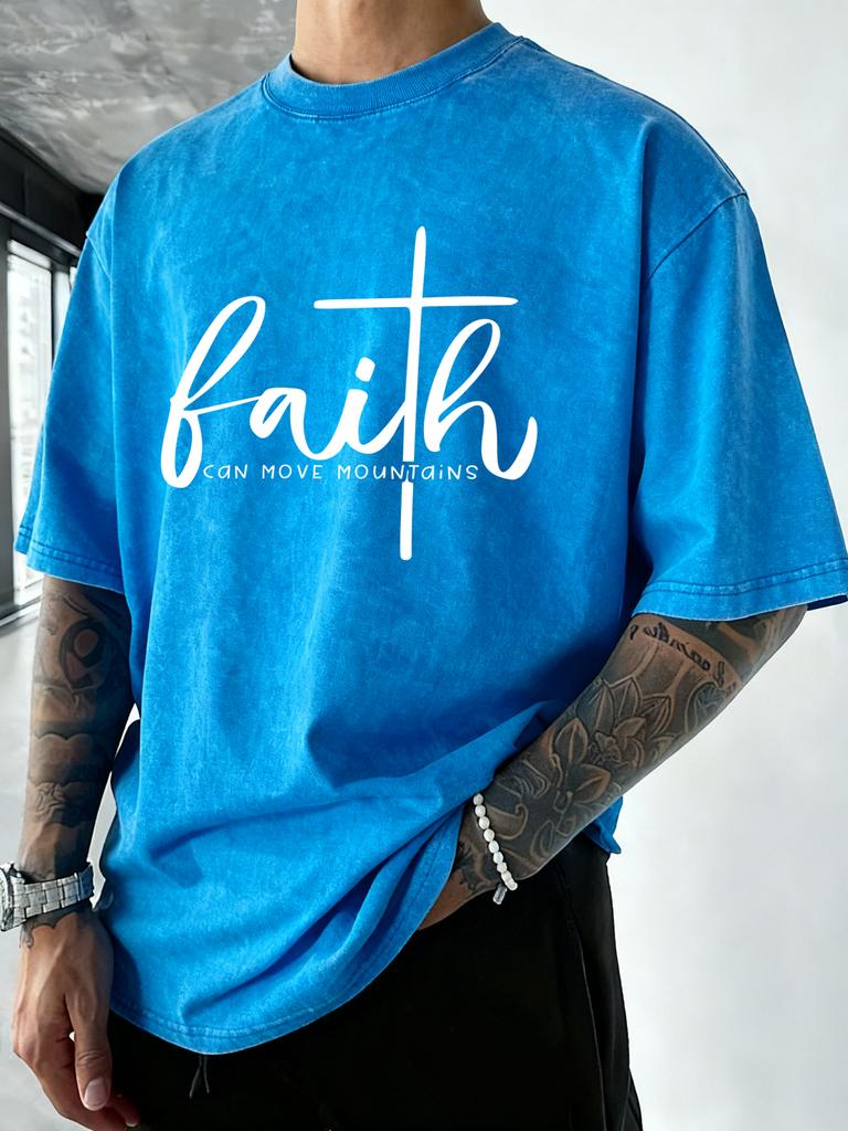 Faith Can Move Mountains Print Washed TShirt Men Summer Vacation Clothing Casual Crewneck T Shirts Oversize Cotton Streetwear
