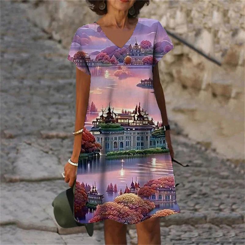 Fantasy 3D Print Women Dress Fashion Elegant Sweet Casual V-Neck Short Sleeve A-Line Dress Oversized Summer Scenery Dress
