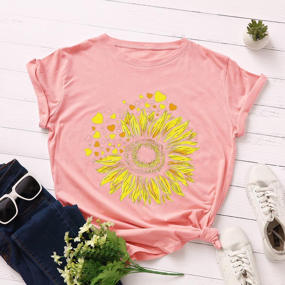 Cotton T-Shirt Short Sleeve Round Neck Women 2d Print Tops