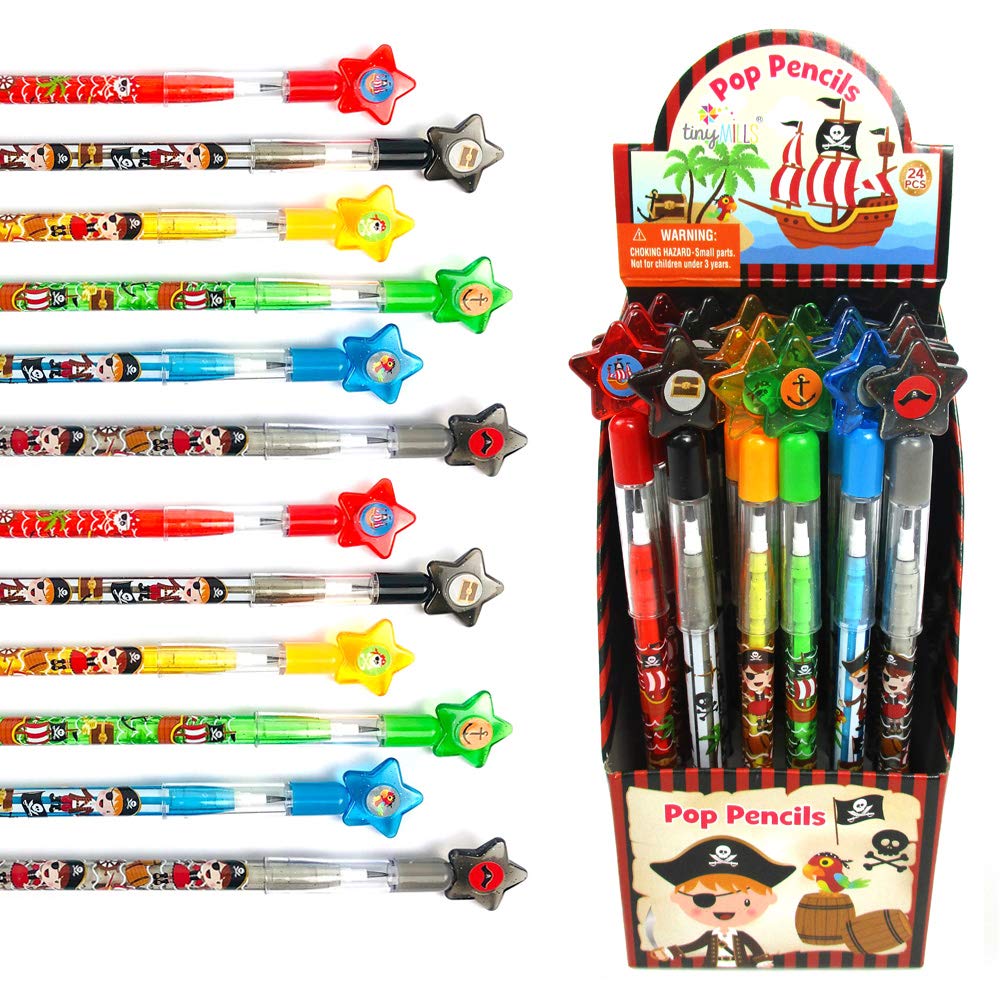 Tiny Mills Pirate Multipoint Stackable Push Pencil Assortment for Pirate Birthday Party Carnival Goody Classroom Pinata Fillers 24-Piece Favors,