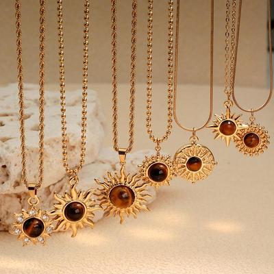 Retro Sunflower Tiger's Eye Choker: Stainless Steel Eight-Pointed Star Necklace