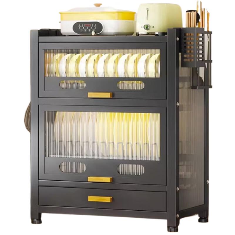 Premium Black 2-Tier Countertop Dish Storage Cabinet with Lid