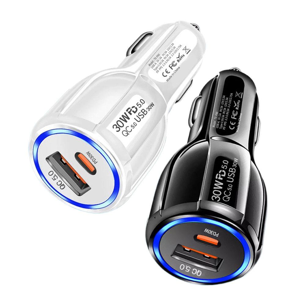 1PCS QC5.0 PD 30W Universal Fast Charging Car Adapter USB Car Charger Socket Cigarette Lighter 60W Dual Fast Charging For Phone