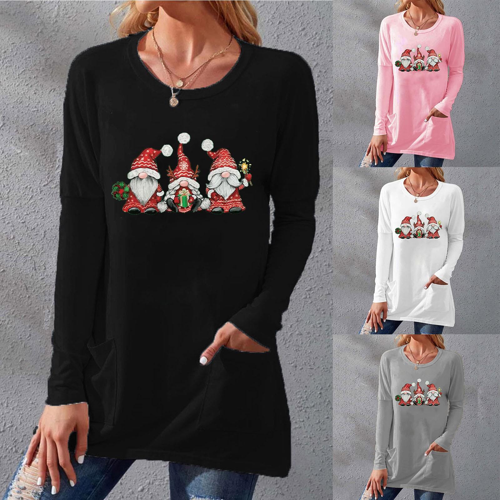 

Женская повседневная футболка с круглым вырезом и длинным рукавом, свободная карманная футболка с рождественским принтом