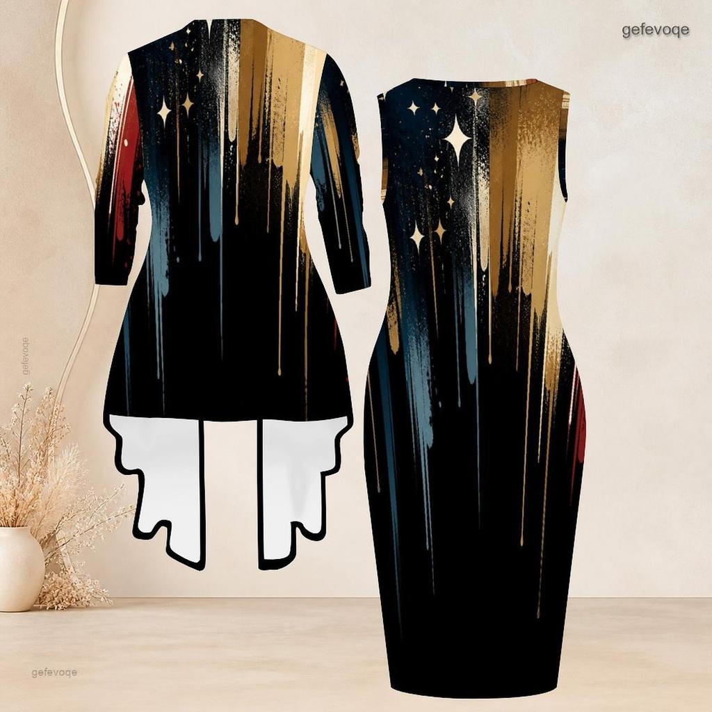 Women Plus Size Two Piece Set Long Sleeve Draped Cardigan Sleeveless Round Neck Printed Bodycon Dress Black Red White