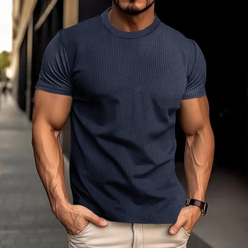 Men Waffle Knit T Shirt Crew Neck Short Sleeve Solid Color Slim Fit Casual Breathable Top