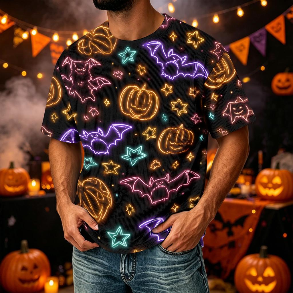 Men Casual Corduroy Short Sleeve Lightweight Breathable Round Neck Top Halloween Pattern Printed Shirt