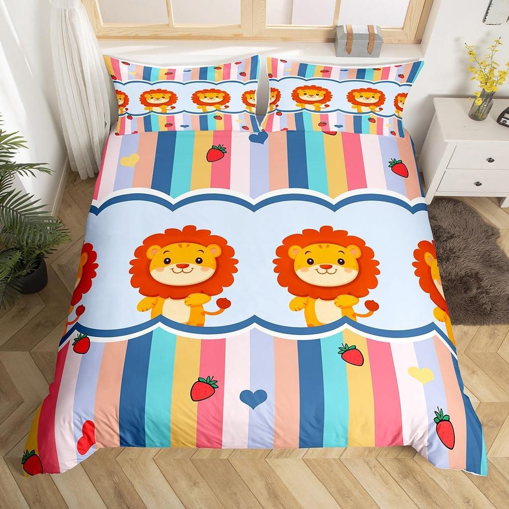 Cute Cartoon Animals Bedding Set TwinKawaii Elephant Lion Print Duvet Cover for Kids Boys Bedroom DecorBoho Trees Quilt Cover