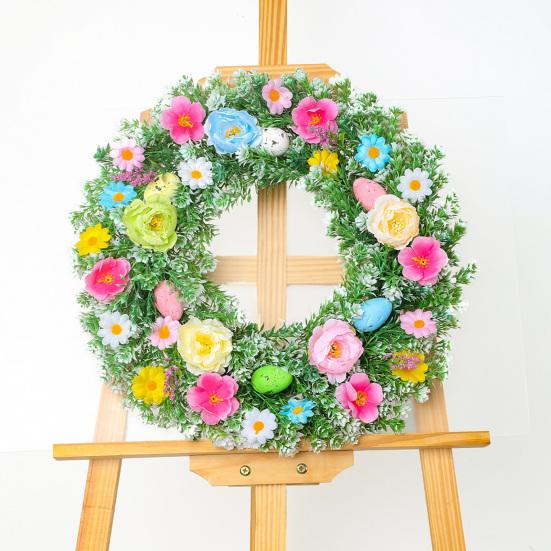 Easter Wreath for Front Door Artificial Spring Floral Wreath with Pastel Eggs for Home Indoor Outdoor