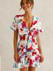 Women Fashion Printed Dress Short Sleeve V-neck Mini Dress Flouncing Hem Bow-tied Summer Dress