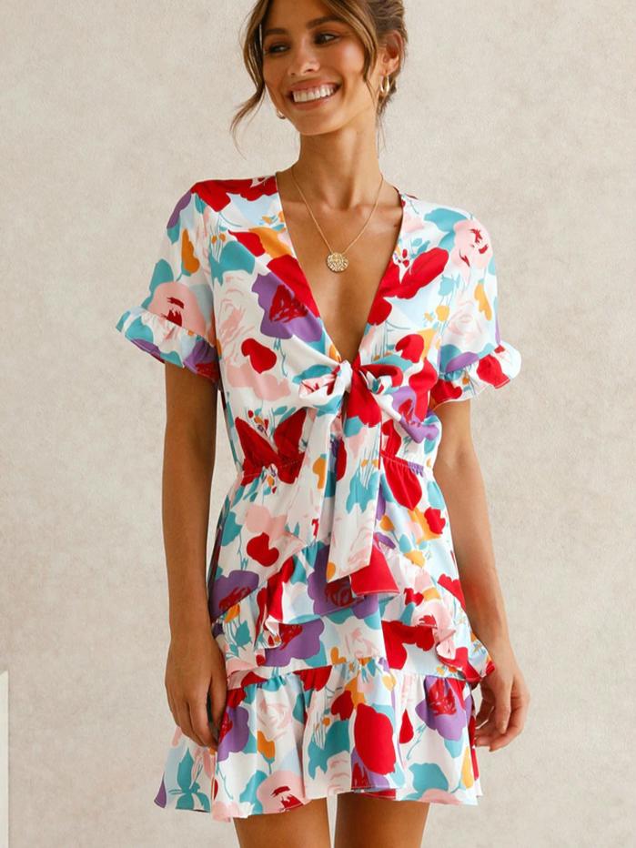 Women Fashion Printed Dress Short Sleeve V-neck Mini Dress Flouncing Hem Bow-tied Summer Dress