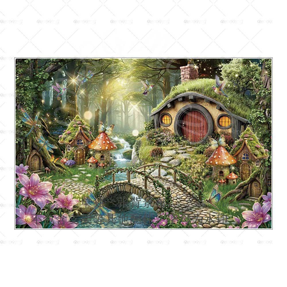 Dreamy Fairy Tale Forest Mushroom House Photography Background Cloth - Children's Birthday Party Decorative Wall Background