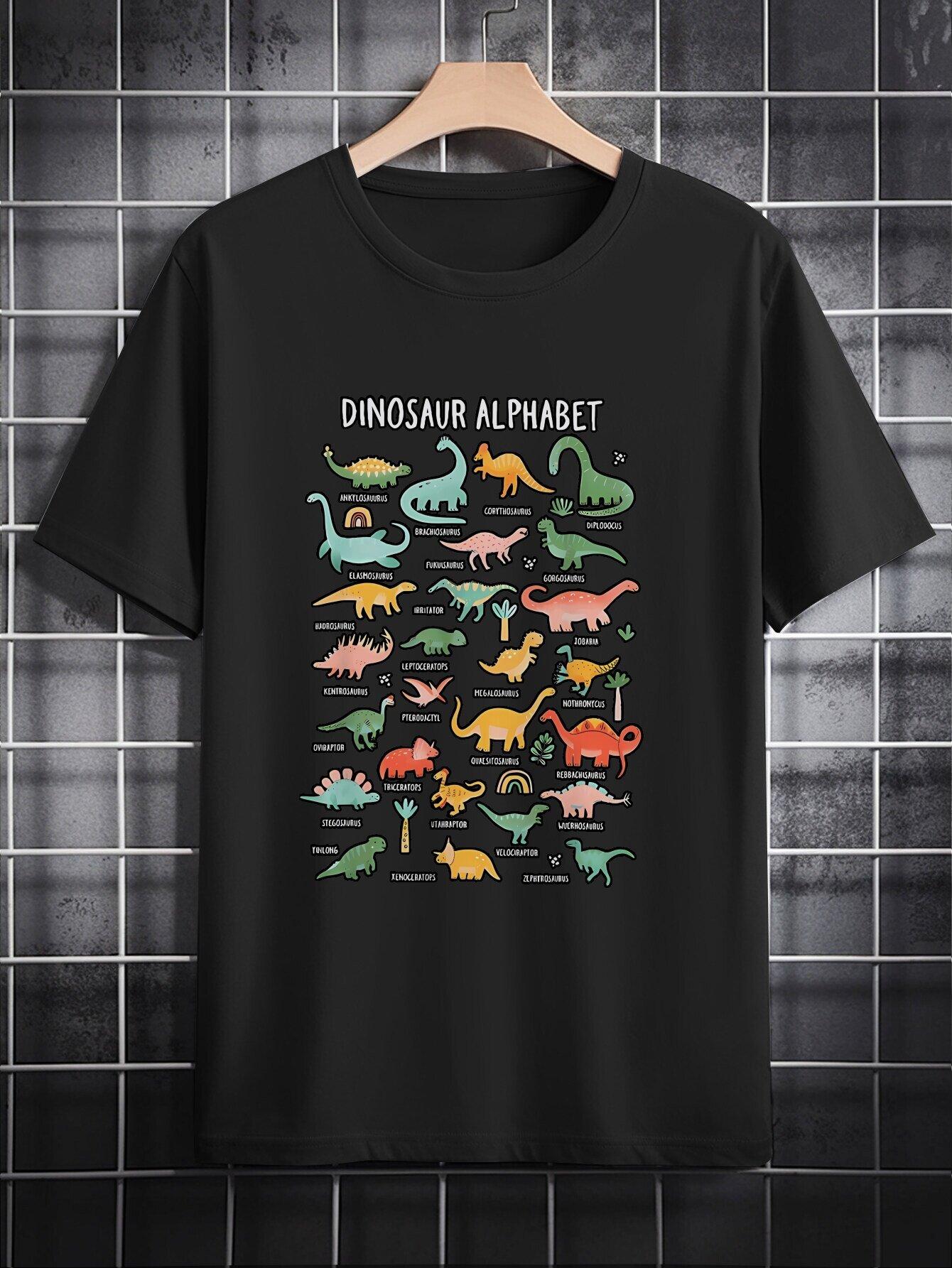 Dinosaur Alphabet Print Casual Short Sleeve T-shirt S