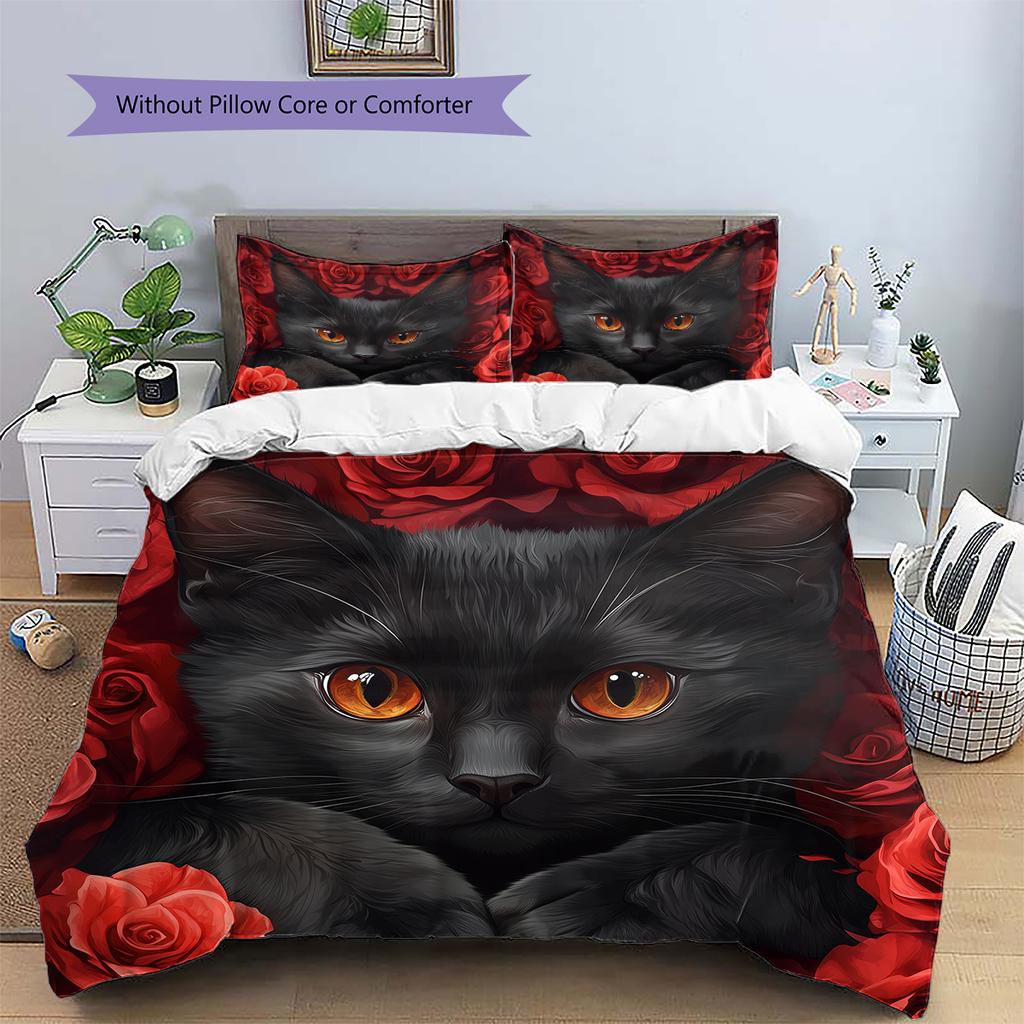 Bombay Cat and Rose Pattern Bedding Home Decoration Birthday Gift (1 * duvet cover + 2 * pillowcase, without core)