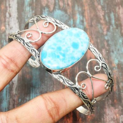 Schillernder Larimar-Edelstein, handgefertigter Armreif aus 925er Sterlingsilber, verstellbarer Schmuck