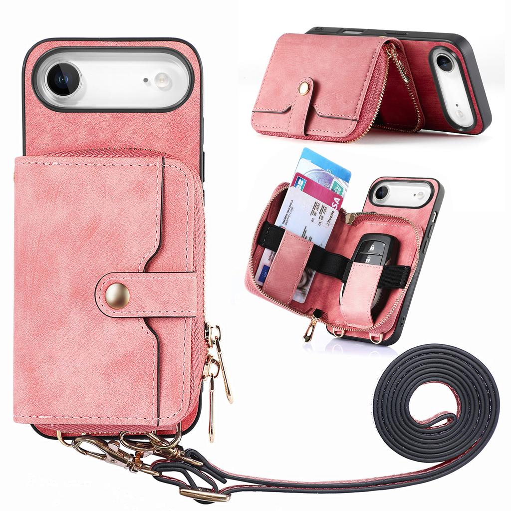 For iPhone Air PU Leather Phone Back Cover with Zipper Card Holder and Long Strap
