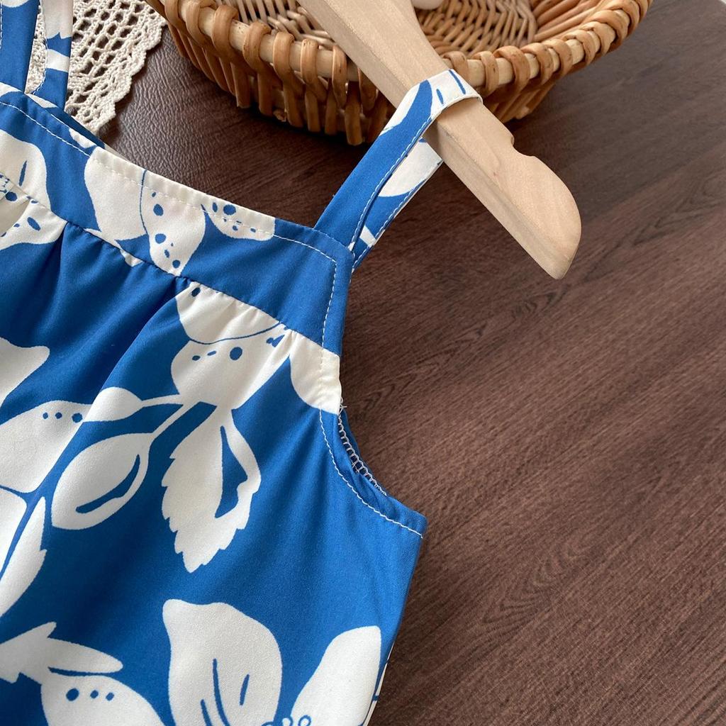 Girls' Summer Blue Floral Vacation Set with Spaghetti Strap Top & Straight-Leg Pants