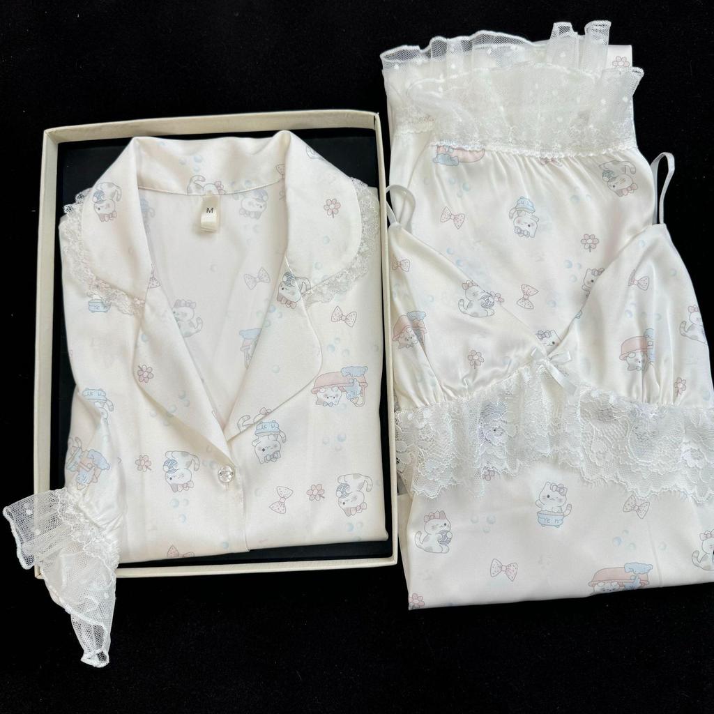 2026 Women's Ice Silk Floral Pajama Set: Long Sleeve Top, Long Pants, Lace Camisole with Bra Pads