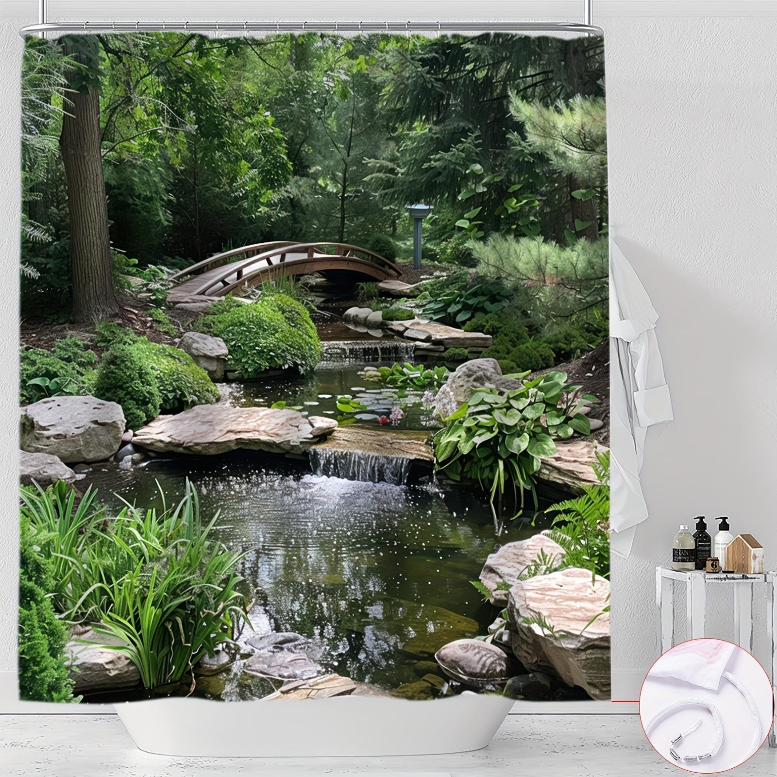 

1pc Shower Curtain - Serene Garden with a Wooden Bridge Over a Pond, Surrounded by Lush Greenery and Rocks, Perfect for Bathroom W90XH180cm