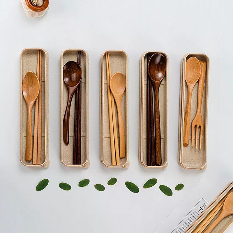 1Pcs Natural Wooden Spoon With Box Handmade Wooden Fork Chopsticks Dinner Kit Kitchen Accessories