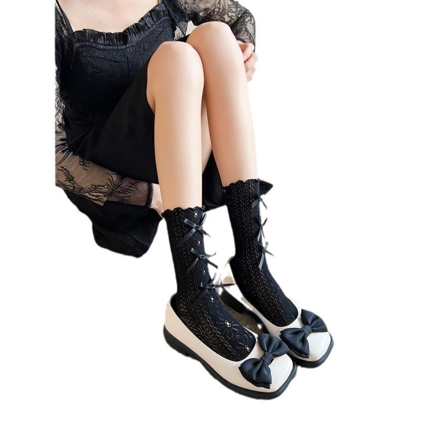 Beige Bow Hollow Flower Lace Socks - Spring/Summer JK Lolita Style