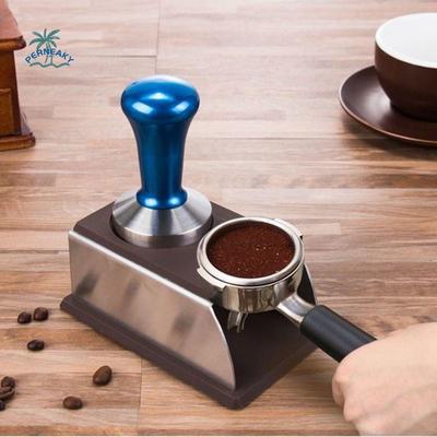 Stainless Steel Coffee Tamper Station Silicone Bottom Non-Slip Espresso Tamping Stand Trapezoidal Design Space Saving