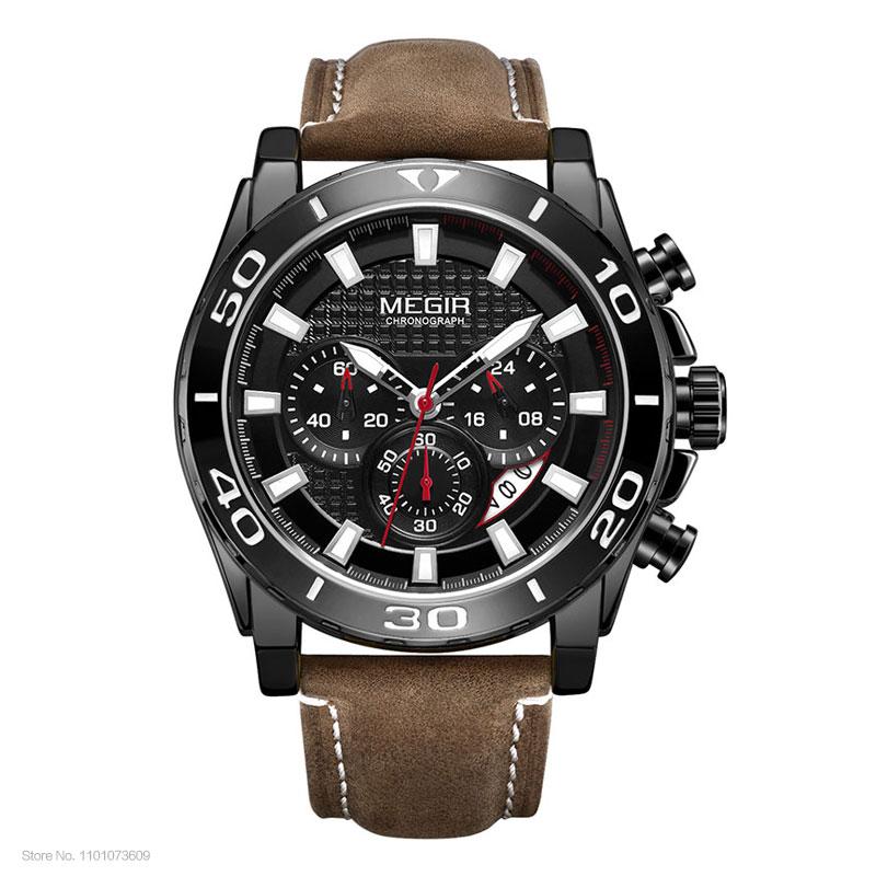 Fashion Megir Top Brand Men's Army Sports Chronograph Quartz Leather Luminous Waterproof Man Relogios 2094 Silver & Gold Watches