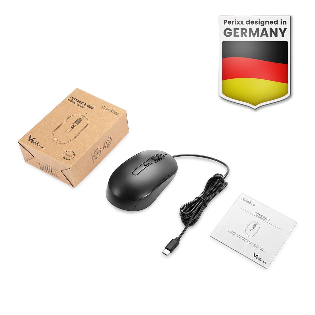 Perixx Wired Mouse with 60cm Black PERIMICE-222CB2 Type-C Connection, Cable,