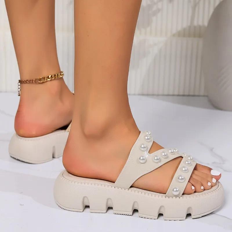 Fashion 2025 Summer New Women’s Platform Sandals Outdoor Pearl Round Toe Flat with Solid Slippers for Beach Casual Slippers ZapatosMujer