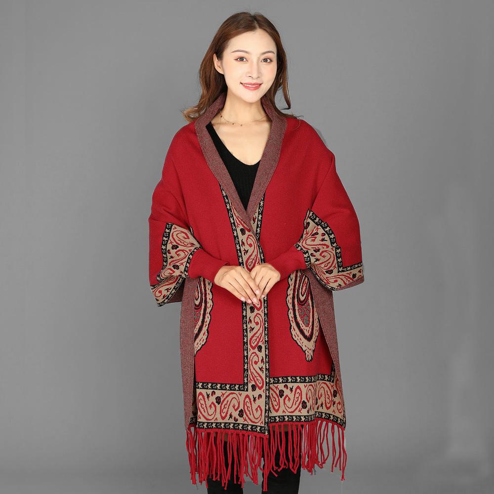 Sleeved Ethnic-style Shawl Cheongsam with Paisley Pattern for Women, Autumn and Winter Warm Cashmere Red Scarf Cape Coat with Tassels