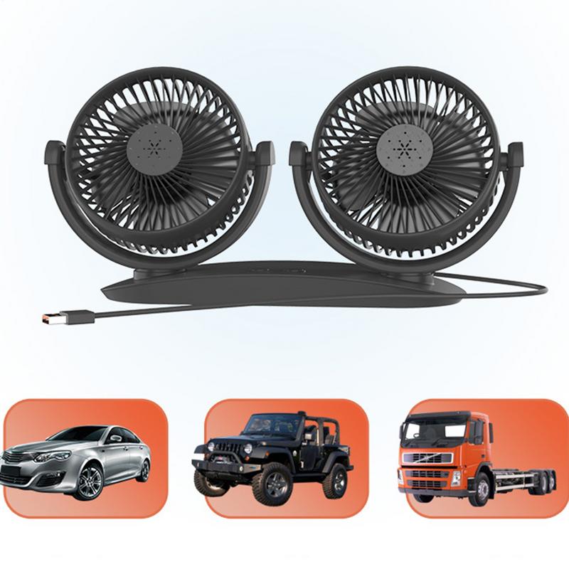 USB Car Fan Double Head Dashboard Electric Fan Strong Wind, Low Noise Cooling Device, 360-Degree Rotation Vehicles Fan