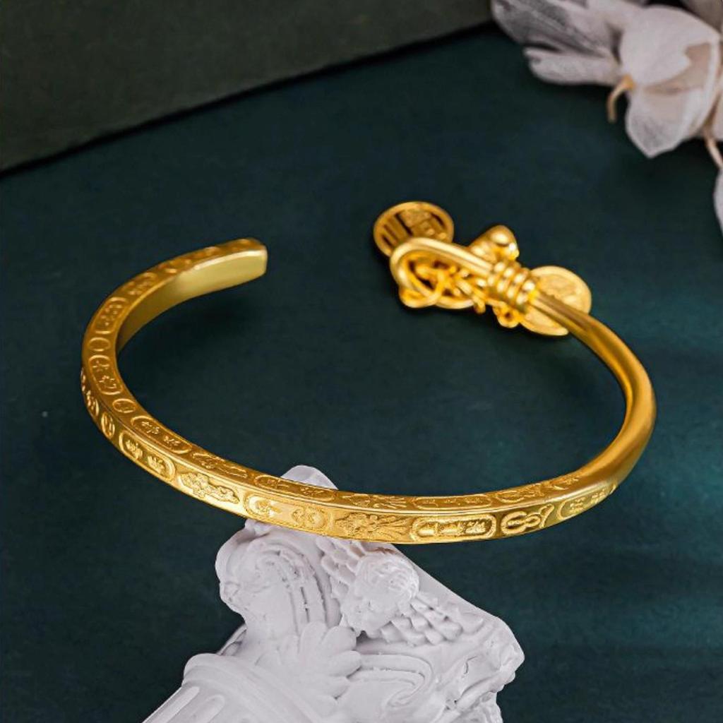 Bracciale Aperto Vintage con Carattere Fu a Forma di Zucca: Bracciale da Donna Stile Tendenza Nazionale Cinese Oro Sabbia Fu Lu