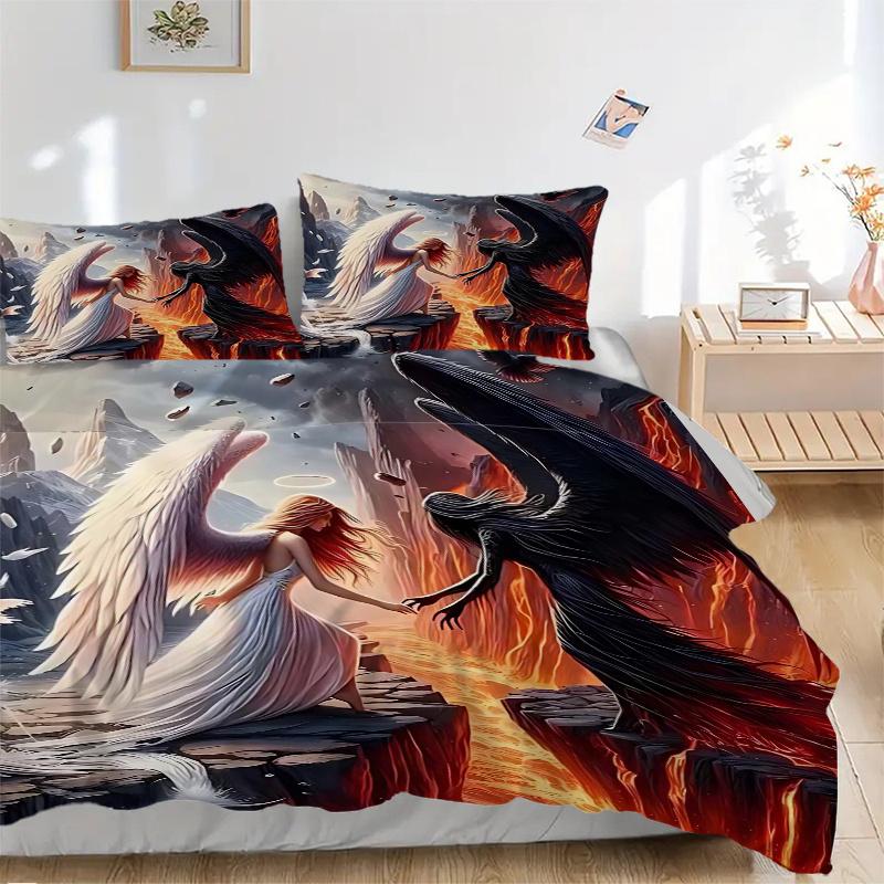 3pcs Angel vs Devil Fantasy Art Print, One Quilt Cover and Two Pillowcases (No Core), Anime Cartoon Design for Bedding Set, Home Decor, Gift