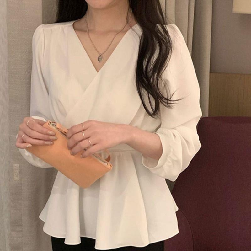 Spring Autumn Temperament White V-neck Chiffon Shirt Women Long Sleeve Waist Lace Up Pullover Blouse Top
