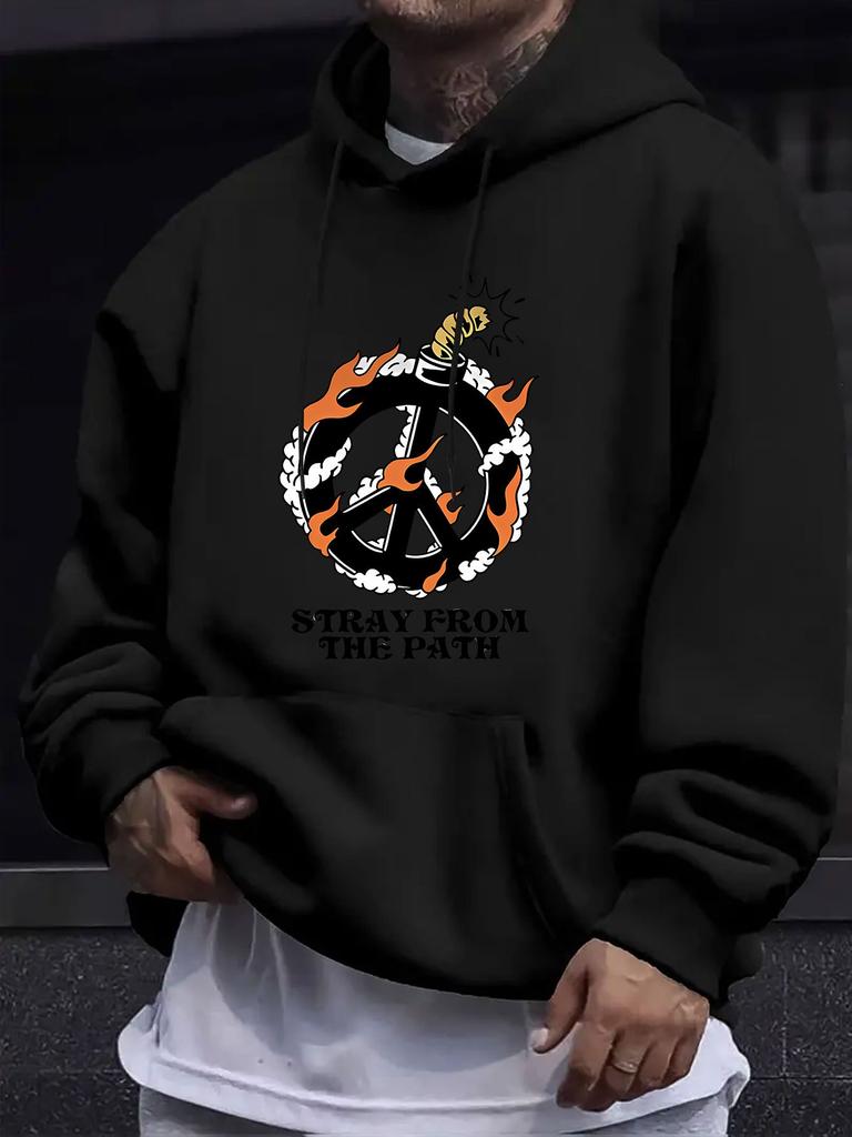 American Western Style unisex Autumn Winter Print Hooded Long Sleeve Sweatshirt, Flame And Peace Symbol Retro Creative Hooded Print Sweatshirt, Retro