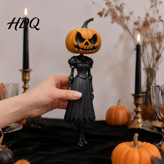 Autumn Home Ornament Pumpkin Witch Figurine, Spooky Halloween Statue with Lantern, LED Lighted Night Lamp Vintage Gothic Resin for Tabletop