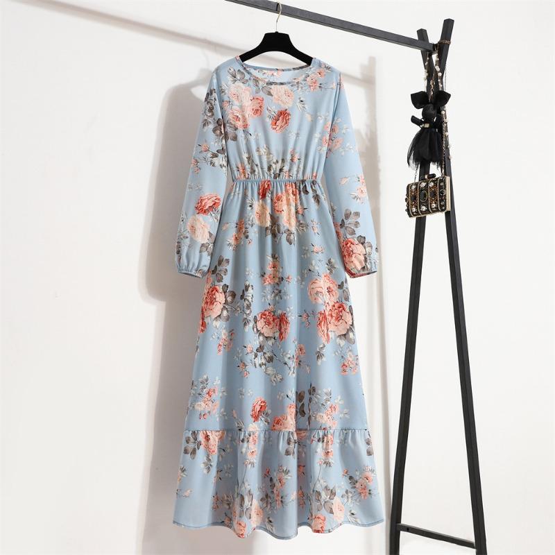 Fashion Long Sleeve Floral Printed Chiffon Dress Women Elegant Loose A-line Casual Long Dress Female High Waist Ruffled Office Lady Dress 1030