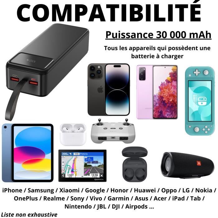 Batterie externe 30000mAh USB USB-C micro-USB Charge Rapide écran LED Phonillico®