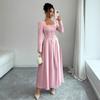 European and American Cross-border New Waist and Thin Temperament High-end Dress Women's French Single-breasted Square Collar Pleated
