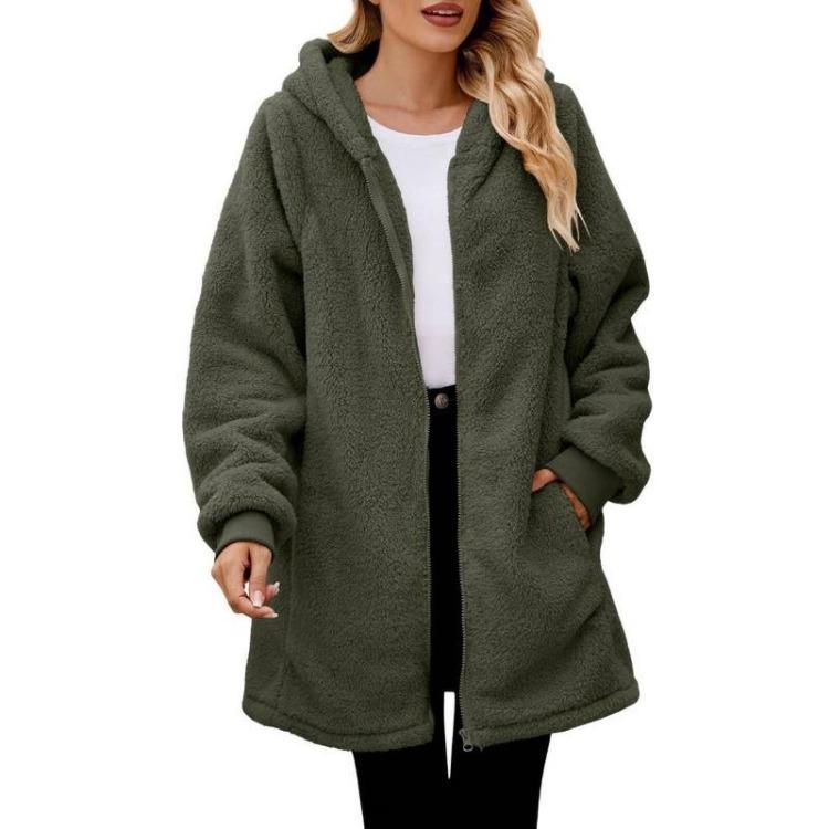 Winter Women s Plush Hooded Cardigan Jacket Loose Long Sleeve Zipper New S